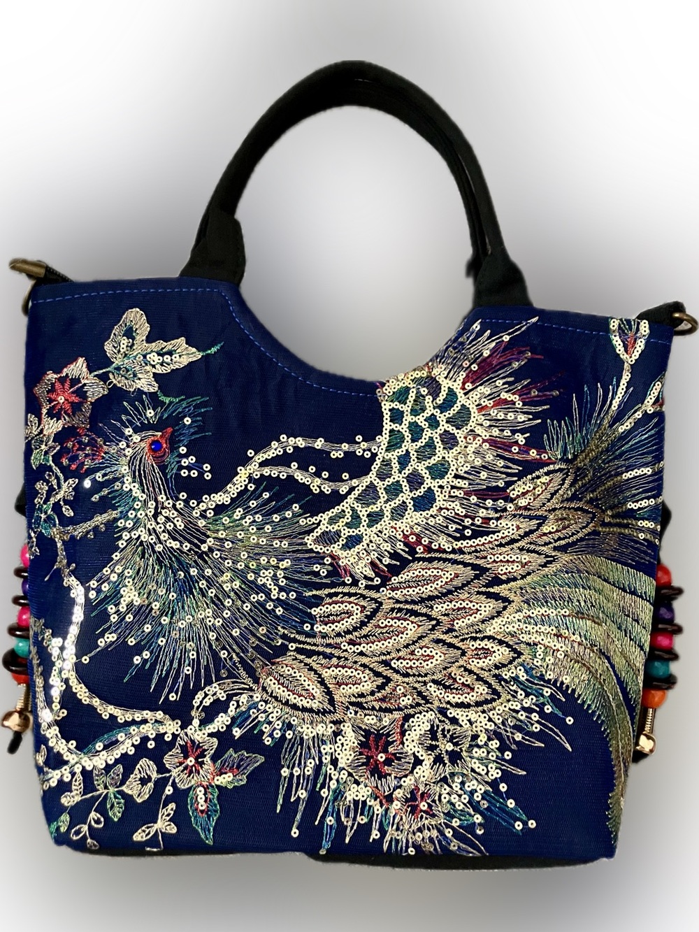 Source Unknown Navy Embroidered Peacock Satchel with Black Handles